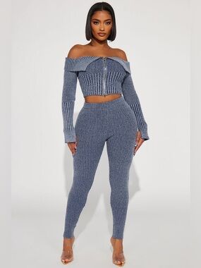 Fashion Nova Blue Ribbed Off-Shoulder Two-Piece Set